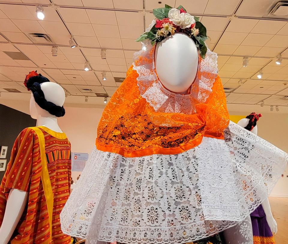 Recreations of the "classic Mexican dress" that artist Frida Kahlo favored are on view at the Philbrook Museum of Art in Tulsa on July 30, 2022. The museum is showing the special exhibit "Frida Kahlo, Diego Rivera, and Mexican Modernism" through Sept. 11.