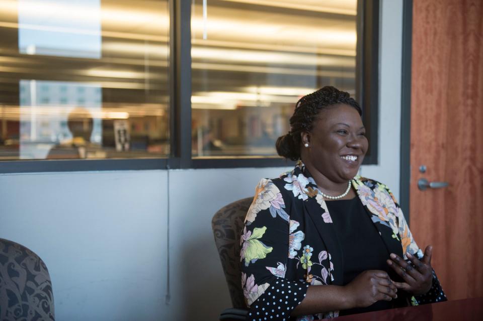 Marche Johnson, candidate for city council district 3, is interviewed in Montgomery, Ala., on Thursday, March 7, 2019.