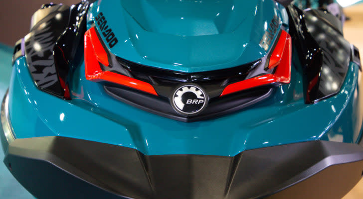 close-up of blue-green ski doo with BRP (DOOO) logo on front