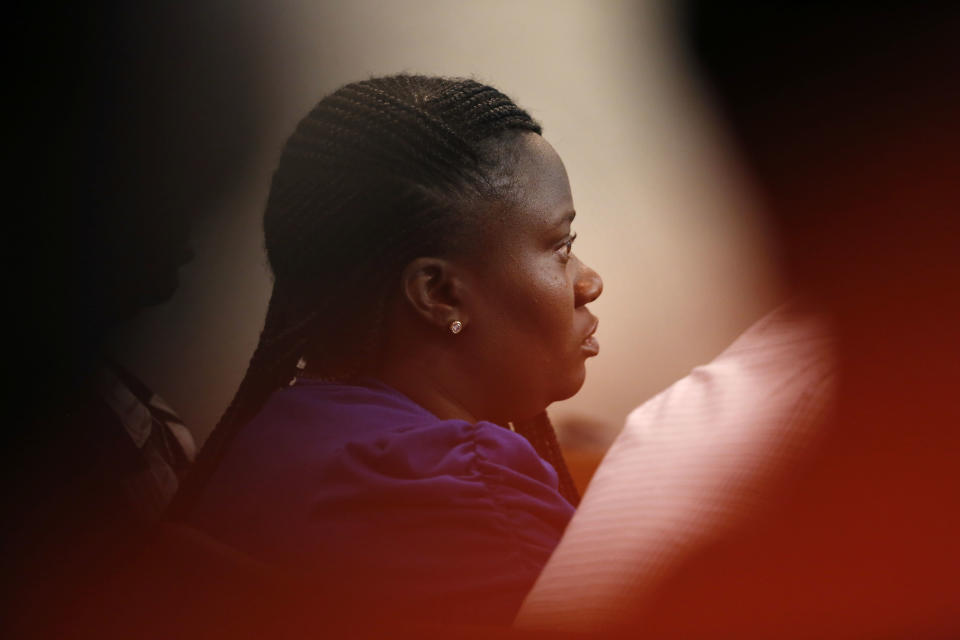 Charmaine Edwards, mother of Jordan Edwards, listens to testimony about defendant Roy Oliver, the fired Balch Springs police officer who was convicted for the murder of 15-year-old Edwards, during his sentencing phase at the Frank Crowley Courts Building in Dallas on Wednesday, Aug. 29, 2018. Oliver is a good man and a devoted father, Oliver's mother testified Wednesday as she urged jurors to impose a lenient prison sentence. (Rose Baca/The Dallas Morning News via AP, Pool)