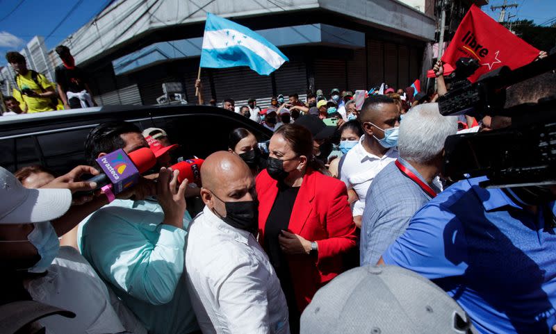 Honduran President-elect Xiomara Castro greets supporters outside the Honduran congress in Tegucigalpa