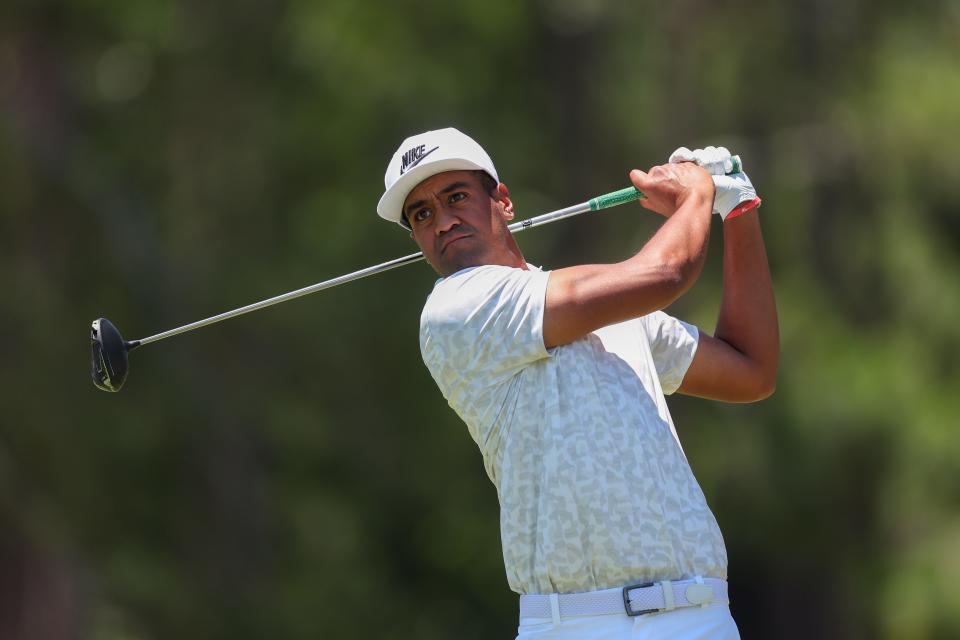 PINEHURST, NORTH CAROLINA - JUNE 11: Tony Finau of the United States plays his shot from the fourth tee during a practice round prior to the U.S. Open at Pinehurst Resort on June 11, 2024 in Pinehurst, North Carolina. (Photo by Sean M. Haffey/Getty Images)