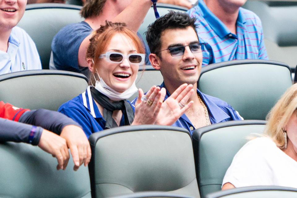 <p>Sophie Turner and Joe Jonas are spotted taking in the game as the Atlanta Braves play against the Los Angeles Dodgers on June 6 in Atlanta. </p>