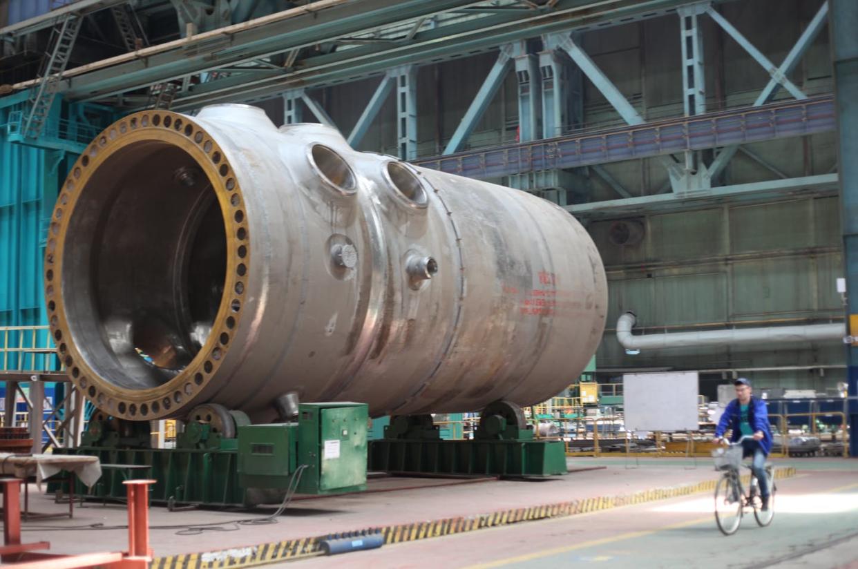 <span class="caption">Manufacturing a 300-ton nuclear reactor pressure vessel at a factory in Volgodonsk, Russia.</span> <span class="attribution"><a class="link " href="https://www.gettyimages.com/detail/news-photo/the-over-300-ton-reactor-pressure-vessel-an-inside-look-at-news-photo/979044218" rel="nofollow noopener" target="_blank" data-ylk="slk:Pallava Bagla/Corbis via Getty Images;elm:context_link;itc:0;sec:content-canvas">Pallava Bagla/Corbis via Getty Images</a></span>