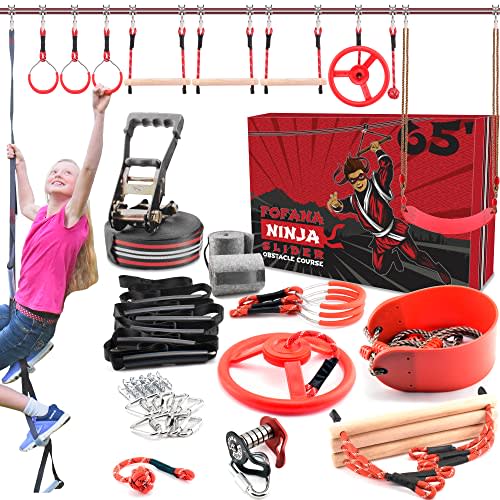 Fofana Ninja Warrior Obstacle Course for Kids – 45-Piece Backyard Playset Ages 8+, 11 Fun Training Obstacles, 65 Ft Slackline Kit Accessories - Zip Lines for Kids and Adults, Outside Ninja Kids Toys