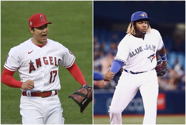 大谷翔平與小葛雷諾（Vladimir Guerrero Jr.）競爭美聯MVP。合成照片