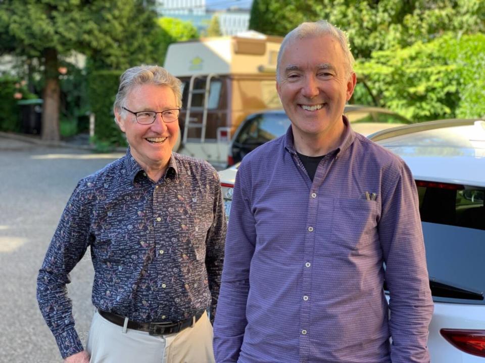 David Lach, left, an early car share adopter in Vancouver, and Patrick Nangle, CEO of the Modo car share co-op. (Martin Diotte/CBC - image credit)