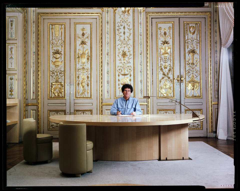 France’s minister of culture Jack Lang in his office designed by Andrée Putman in 1985.