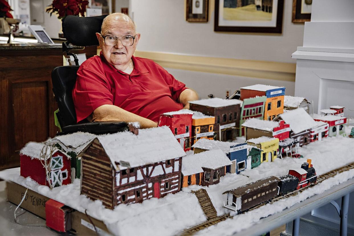 Eddy Templin , 79, made a Winter village at his nursing home shown Dec. 20, 2022 Templin. He’s at Westmoreland, a Care Core home in Chillicothe, Ohio. We’re in southern Ohio an hour south of Columbus. And the sign by the village is Eddy’s Winter Village.