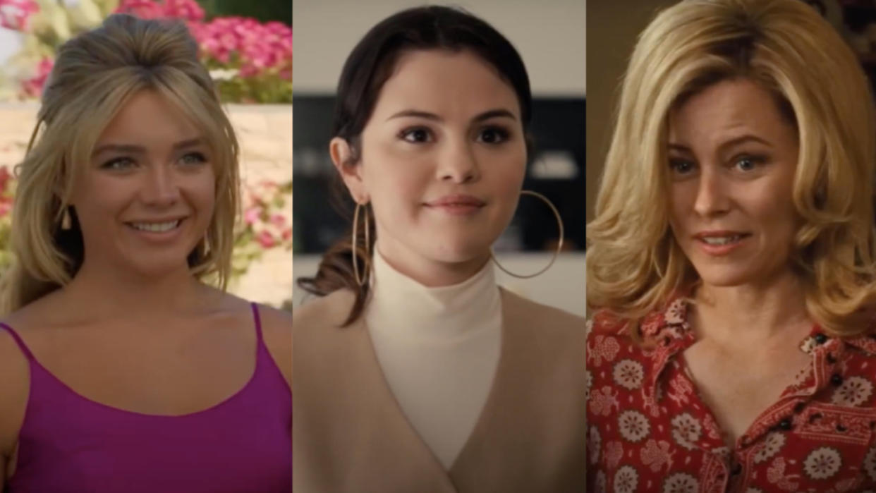  Florence Pugh in Don't Worry Darling/Selena Gomez in Only Murders in the Building/Elizabeth Banks in Call Jane (side by side). 