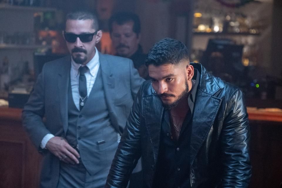 Bobby Soto (right) and Shia LaBeouf play gangsters who collect profits for their crime-lord boss in the action thriller "The Tax Collector."