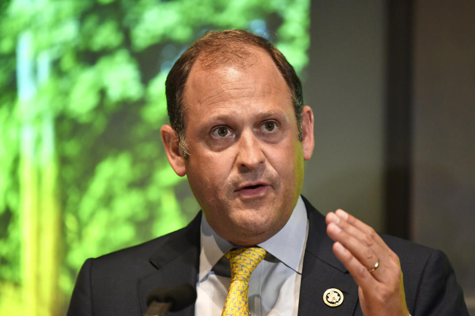 Rep. Andy Barr, R-Ky., speaks before a gathering to celebrate the 25th anniversary of the Kentucky Bourbon Trail at the Frazier History Museum in Louisville, Ky., Thursday, June 20, 2024. (AP Photo/Timothy D. Easley)