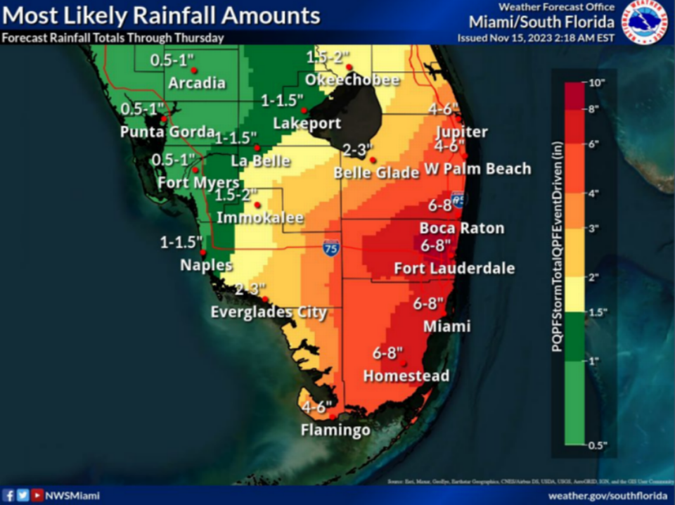 Map shows the most likely rainfall amounts expected in South Florida through Thursday, Nov. 16, 2023.