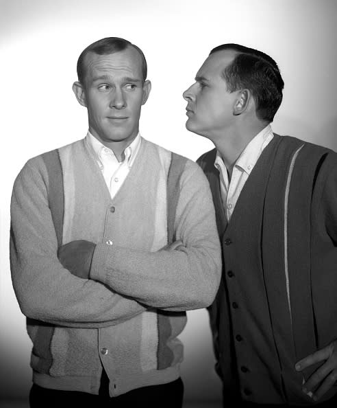LOS ANGELES – MAY 4: Tom Smothers (left) and Dick Smothers portrait session for The Smothers Brothers Show. Image dated May 4, 1965. Los Angeles, CA. (Photo by CBS via Getty Images)