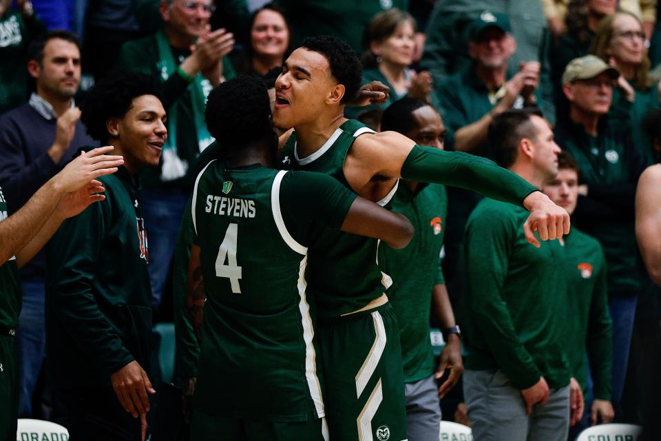 Mar 3, 2023; Fort Collins, Colorado, USA; Colorado State Rams guard John Tonje (1) and guard Isaiah Stevens (4) react on the bench in the final minutes of the second half against the New Mexico Lobos at Moby Arena. Mandatory Credit: Isaiah J. Downing-USA TODAY Sports