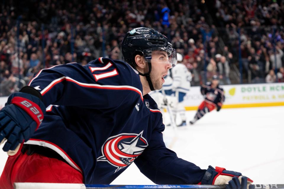 Dec 29, 2023; Columbus, Ohio, USA;
Columbus Blue Jackets center Adam Fantilli (11) after his game tying goal during the third period of their game against the Toronto Maple Leafs on Friday, Dec. 29, 2023 at Nationwide Arena.