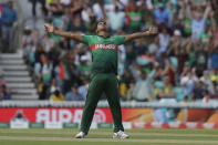 Bangladesh's Mohammad Saifuddin celebrates taking the wicket of South Africa's Rassie van der Dussen during the Cricket World Cup match between South Africa and Bangladesh at the Oval in London, Sunday, June 2, 2019. (AP Photo/Matt Dunham)