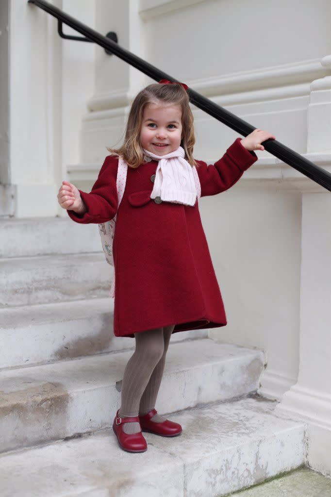 <p>Princess Charlotte starts classes at <a href="https://www.townandcountrymag.com/society/tradition/a14453956/princess-charlotte-willcocks-nursery-school/" rel="nofollow noopener" target="_blank" data-ylk="slk:Willcocks Nursery School;elm:context_link;itc:0;sec:content-canvas" class="link ">Willcocks Nursery School</a>. Her mother, Duchess Kate, took photos to mark the occasion. </p>