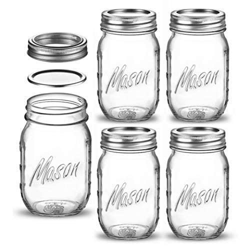 Regular Mouth Glass Mason Jars, 16 Ounce (5 Pack) Glass Canning Jars with Silver Metal Airtight…