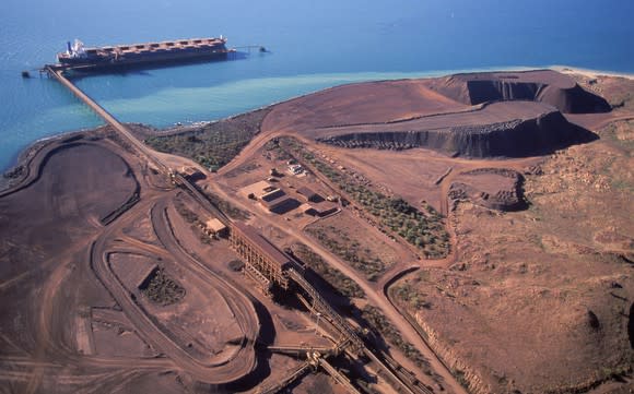 An iron-ore mine along a shoreline, seen from the air