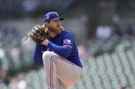 Texas Rangers pitcher Jon Gray throws during the first inning of a baseball game against the Detroit Tigers, Tuesday, April 16, 2024, in Detroit. (AP Photo/Carlos Osorio)