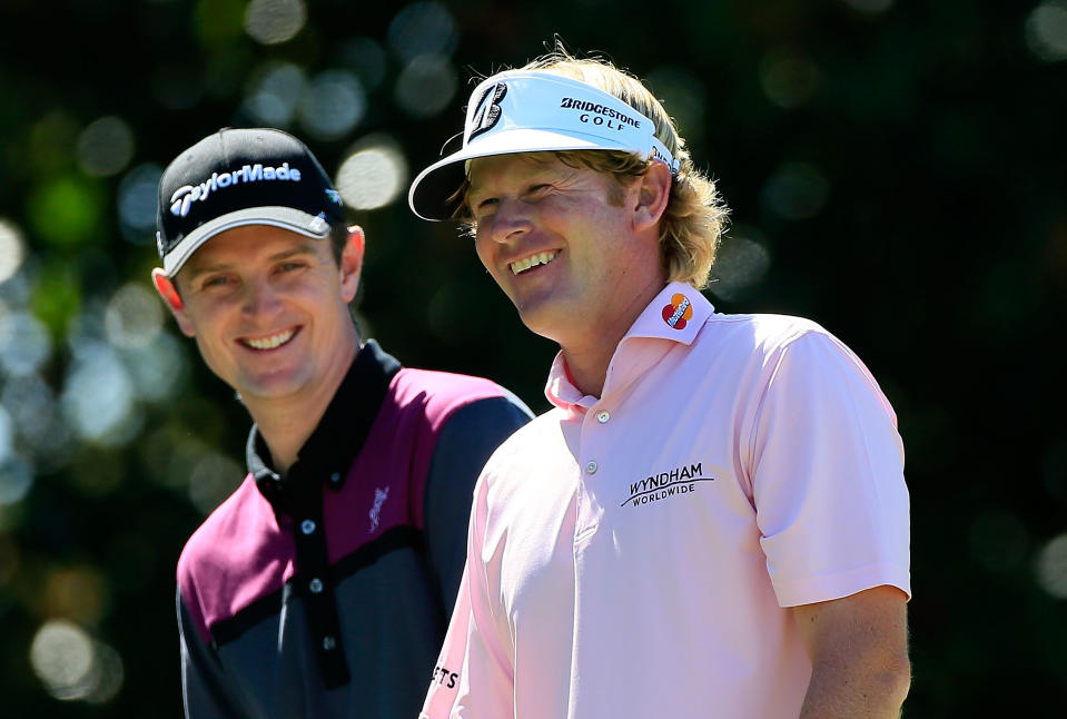 ATLANTA, GA - SEPTEMBER 23: Justin Rose of England (L) and Brandt Snedeker share a laugh on the fifth hole during the final round of the TOUR Championship by Coca-Cola at East Lake Golf Club on September 23, 2012 in Atlanta, Georgia. (Photo by Sam Greenwood/Getty Images)