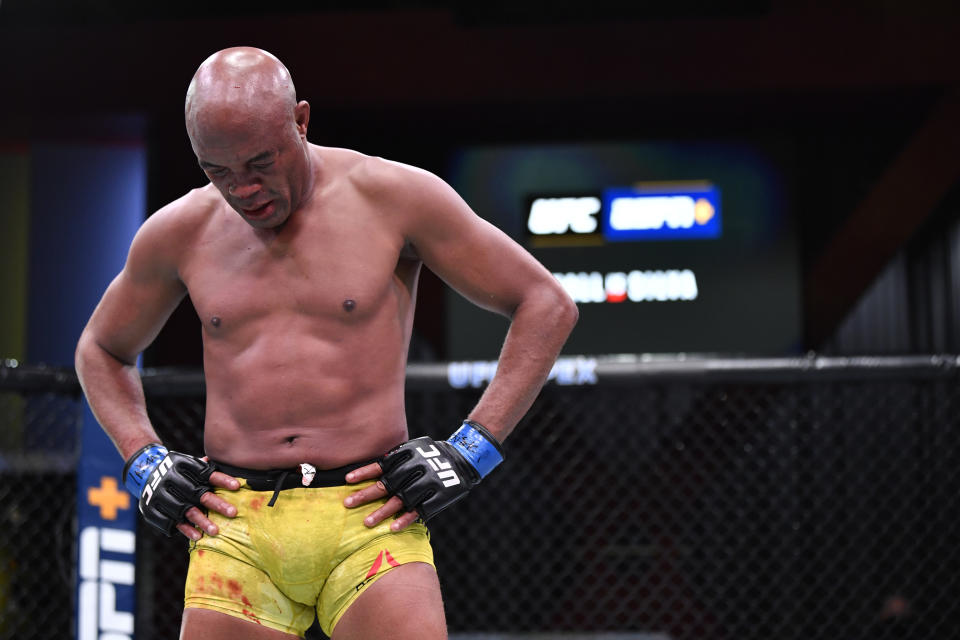 LAS VEGAS, NEVADA - OCTOBER 31: Anderson Silva of Brazil reacts after his loss to Uriah Hall in a middleweight bout during the UFC Fight Night event at UFC APEX on October 31, 2020 in Las Vegas, Nevada. (Photo by Jeff Bottari/Zuffa LLC)