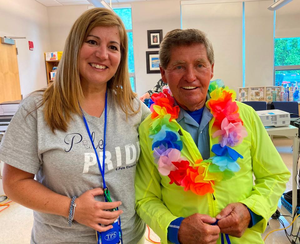 Elizabeth Pole Principal Anabela Jones, left, with Crossing guard Rick “Rickie" Spearin. Spearin received honorable mention in Crossing Guard of the Year awards announced June 3, 2022 by MassDOT's Safe Routes to School program.