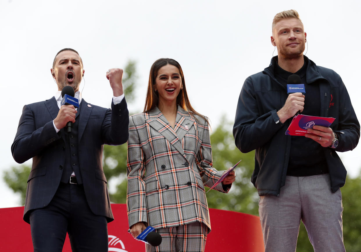 LONDON, ENGLAND - MAY 29: Paddy McGuinness, Shibani Dandekar and Andrew Flintoff look on during the ICC Cricket World Cup 2019 Opening Party at The Mall on May 29, 2019 in London, England. (Photo by Luke Walker-IDI/IDI via Getty Images)