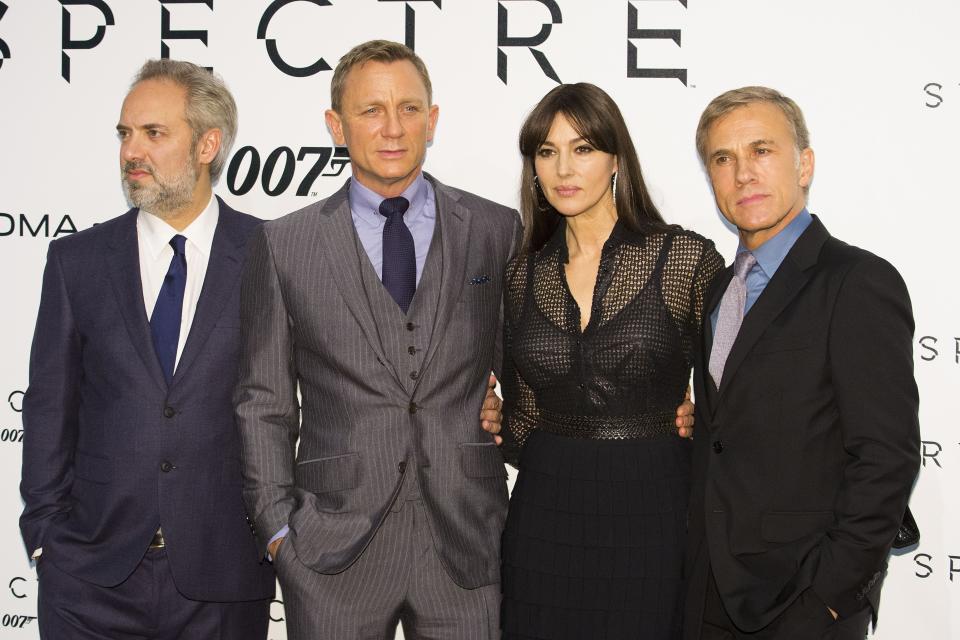 ROME, ITALY - OCTOBER 27:   Director Sam Mendes (L), actor Daniel Craig (2nd L), actress Monica Bellucci (2nd R) and actor Christoph Waltz (R) attend a premiere for 'Spectre' at Auditorium Della Conciliazione on October 27, 2015 in Rome, Italy. (Photo by Primo Barol/Anadolu Agency/Getty Images)