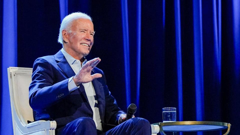 PHOTO: President Joe Biden participates in a discussion moderated by Stephen Colbert, host of CBS's 'The Late Show with Stephen Colbert', during a campaign fundraising event at Radio City Music Hall in New York, U.S., March 28, 2024. (Elizabeth Frantz/Reuters)