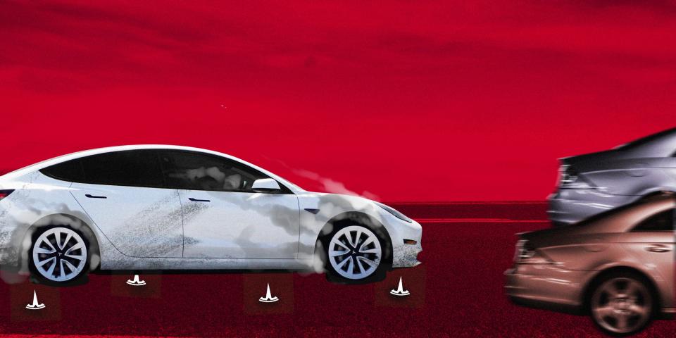 broken down tesla with flat tires trailing behind two speeding cars, surrounded by pins on the ground made of the upside-down tesla logo, against a red road and sky