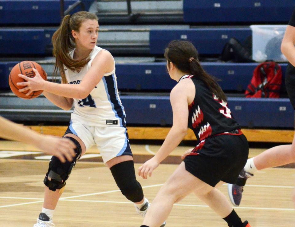 Petoskey freshman guard Haidyn Wegmann holds the ball and looks for a teammate to go to during the weekend tournament.