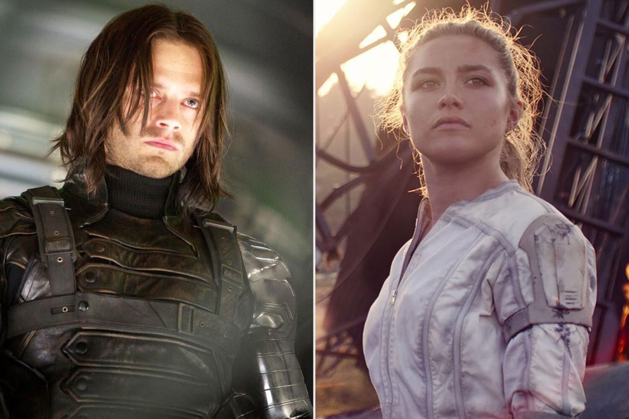 CAPTAIN AMERICA: THE WINTER SOLDIER, Sebastian Stan, 2014. ph: Zade Rosenthal/©Walt Disney Studios Motion Pictures/courtesy Everett Collection ; (L-R): Black Widow/Natasha Romanoff (Scarlett Johansson) and Yelena (Florence Pugh) in Marvel Studios' BLACK WIDOW, in theaters and on Disney+ with Premier Access. Photo courtesy of Marvel Studios. ©Marvel Studios 2021. All Rights Reserved.