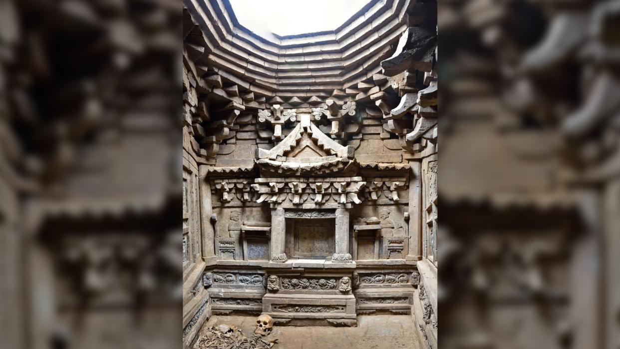  The inner chamber of the ornate tomb is made of bricks shaped to look like carved wood. 