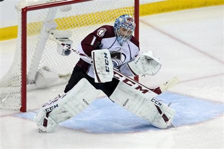 Apr 21, 2014; Saint Paul, MN, USA; Colorado Avalanche goalie Semyon Varlamov (1) makes a save during the third period against the Minnesota Wild in game three of the first round of the 2014 Stanley Cup Playoffs at Xcel Energy Center. Brace Hemmelgarn-USA TODAY Sports