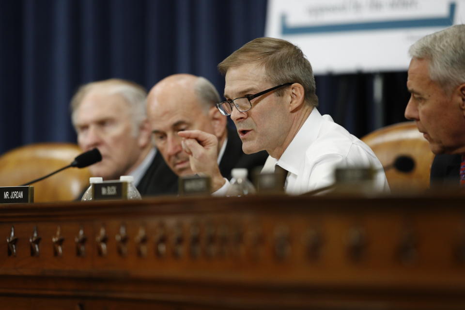 Rep. Jim Jordan, R-Ohio, gives his opening statement during a House Judiciary Committee markup of the articles of impeachment against President Donald Trump, Wednesday, Dec. 11, 2019, on Capitol Hill in Washington. (AP Photo/Patrick Semansky)