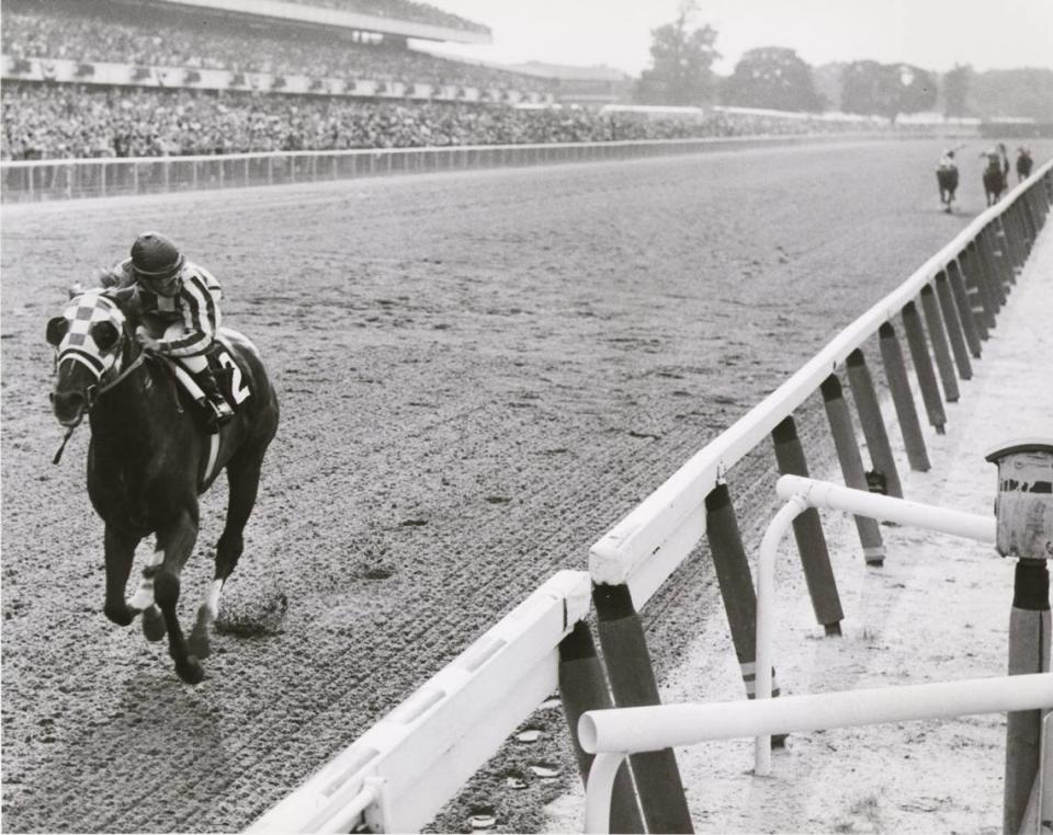 Secretariat won the Belmont Stakes by a record 31 lengths to secure the Triple Crown in 1973. The call of the race by Chic Anderson has become iconic.