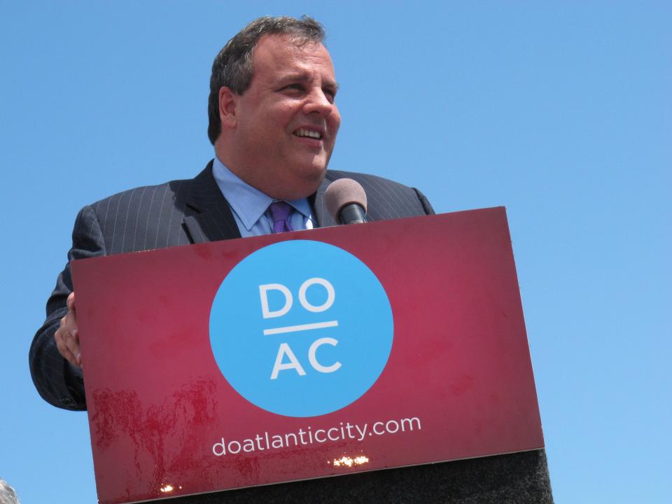 New Jersey Gov. Chris Christie speaks on the Boardwalk in Atlantic City N.J. on May 24, 2012 to promote the resort's "Do AC" tourism campaign. That campaign has developed into "Do Change" to highlight things to do in Atlantic City in the fall. (AP Photo/Wayne Parry)