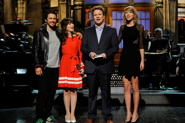 <p>Dana Edelson/NBCU Photo Bank/NBCUniversal via Getty</p> Taylor Swift with James Franco, Zooey Deschanel and Seth Rogen on SNL in 2014