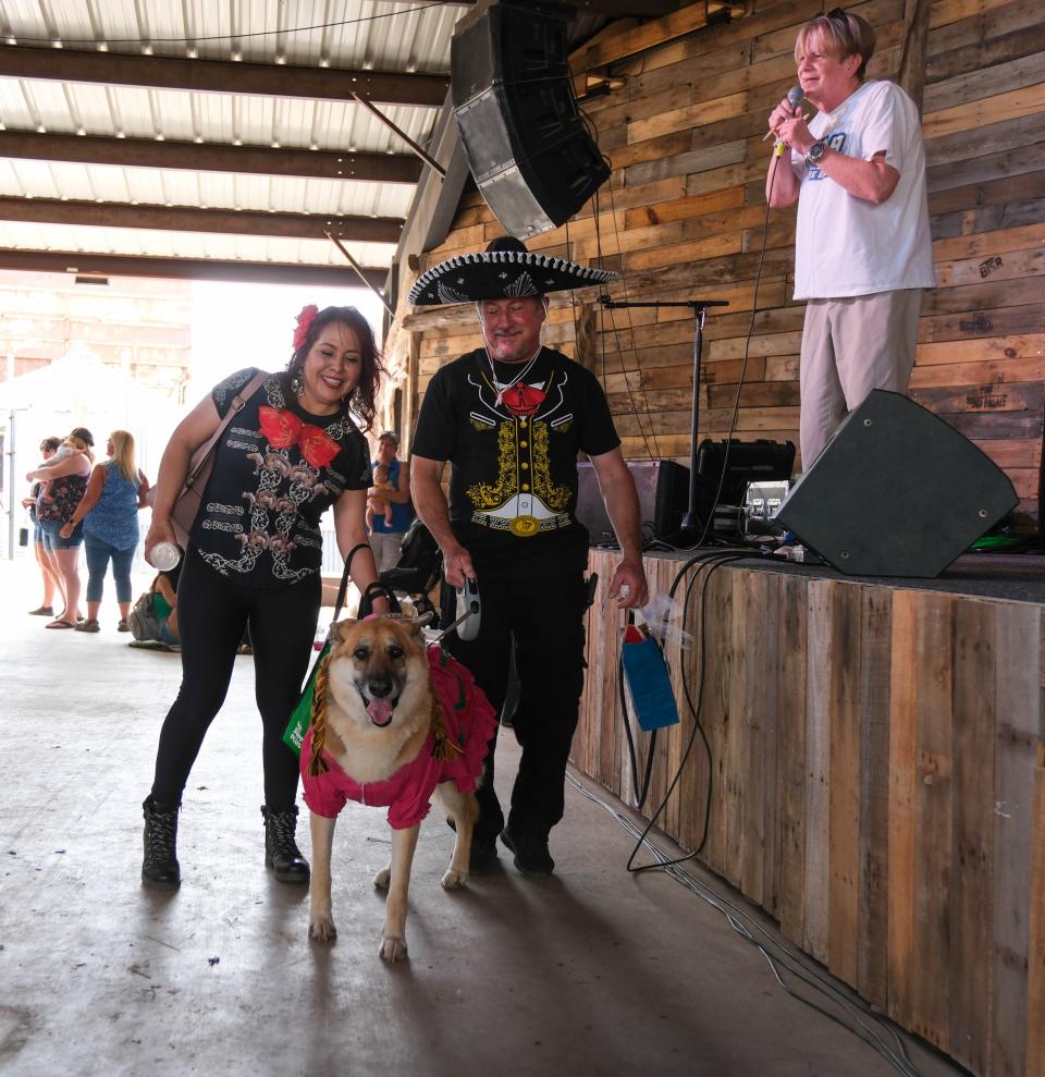 Selen, a German Shepard, shows off her best costume award winner Sunday at the 30th annual Muttfest at the Starlight Ranch Event Center in Amarillo.