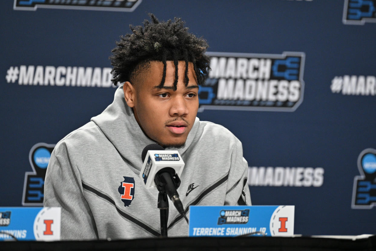 Mar 15, 2023; Des Moines, IA, USA; Illinois Fighting Illini guard Terrence Shannon Jr. (0) speaks during the press conference before their opening round game of the NCAA tournament in Des Moines at Wells Fargo Arena. Mandatory Credit: Jeffrey Becker-USA TODAY Sports