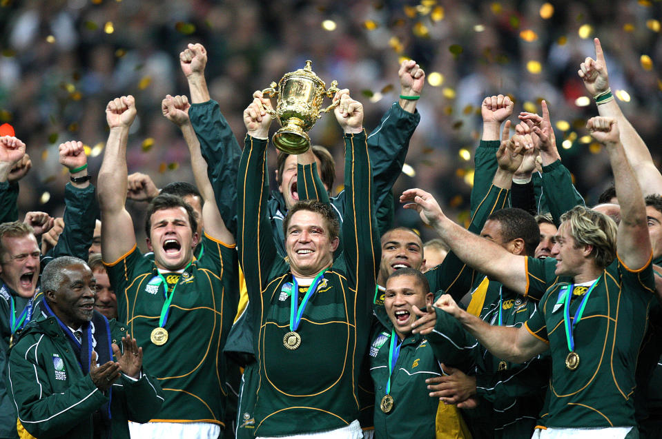 South africa captain John Smit lifts the Rugby World Cup   (Photo by David Davies - PA Images/PA Images via Getty Images)