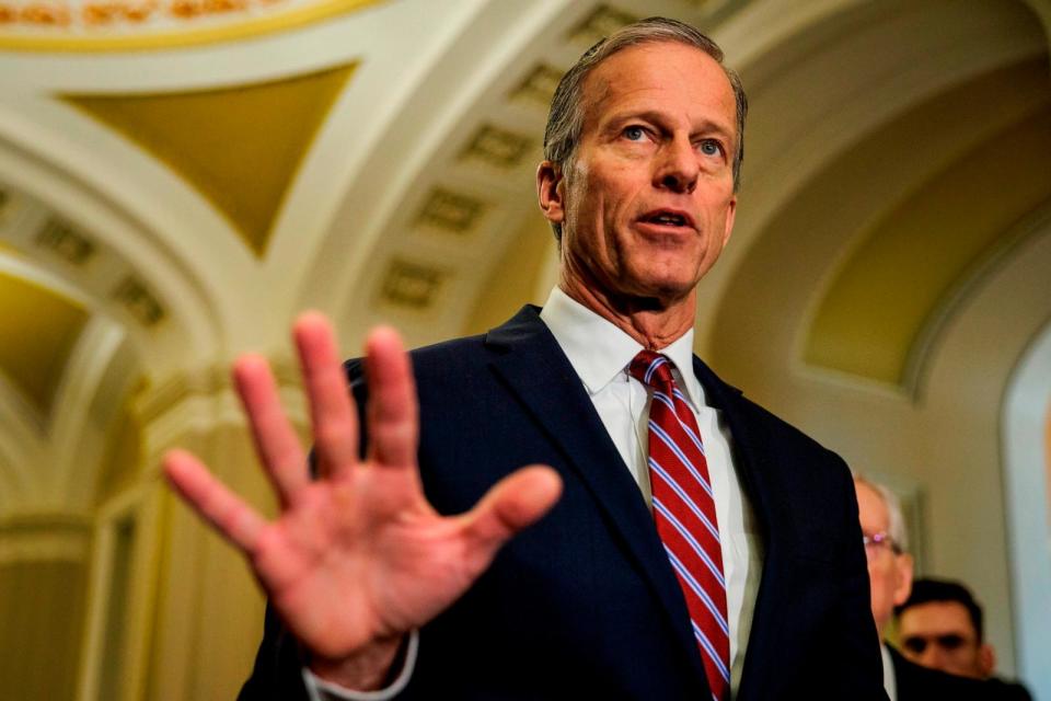 PHOTO: Senator John Thune speaks during a press conference following the Republicans weekly policy luncheon, Jan. 23, 2024, in Washington. (Samuel Corum/Getty Images)