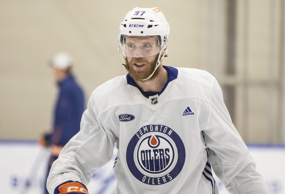 Edmonton Oilers' Connor McDavid (97) takes part in NHL hockey practice, Wednesday, June 5, 2024, in Edmonton, Alberta. The Oilers take on the Florida Panthers in Game 1 of the Stanley Cup Finals on Saturday in Sunrise, Fla. (Jason Franson/The Canadian Press via AP)