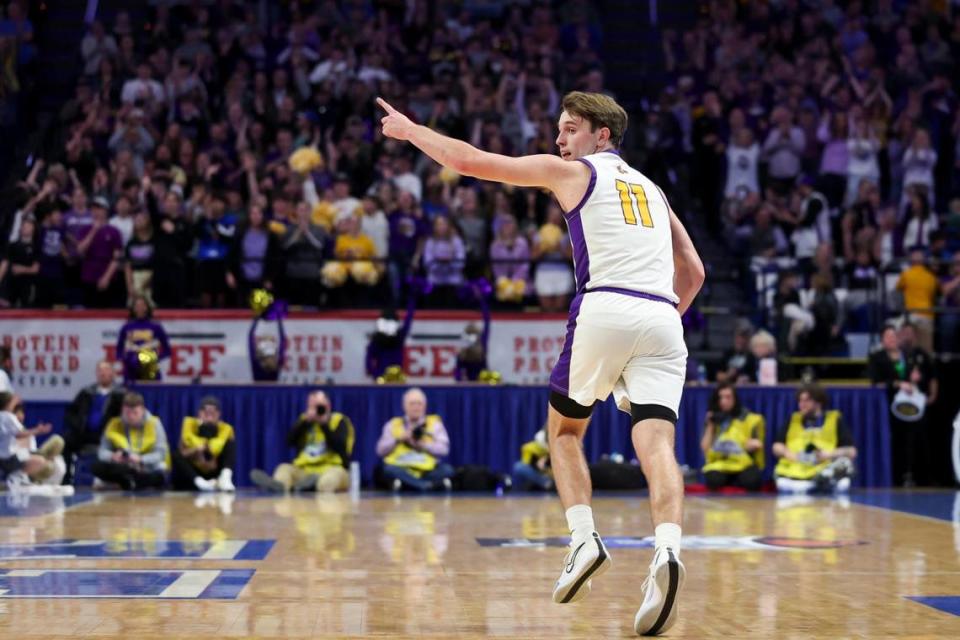 Lyon County’s Travis Perry, the Sweet 16 MVP, celebrates hitting a 3-pointer against Harlan County during state championship game at Rupp Arena on March 23.