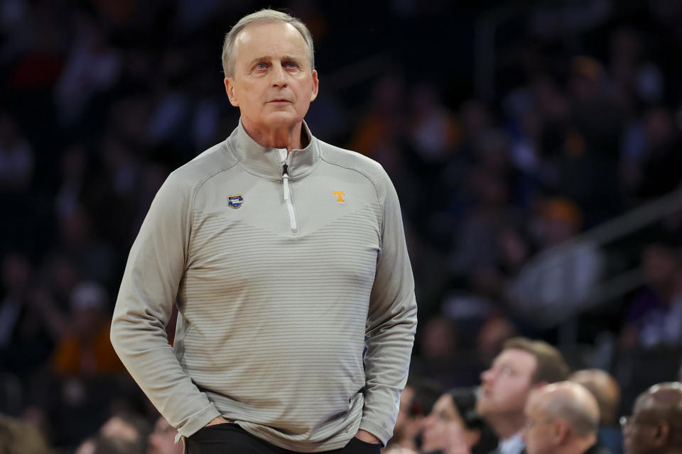 Mar 23, 2023; New York, NY, USA; Tennessee Volunteers head coach Rick Barnes works the bench against the Florida Atlantic Owls in the second half at Madison Square Garden. Mandatory Credit: Brad Penner-USA TODAY Sports