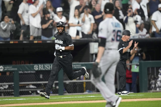 CHICAGO, IL - JUNE 09: Chicago White Sox center fielder Luis Robert Jr.  (88) looks on after hitting a game winning single during a Major League  Baseball game between the Miami Marlins