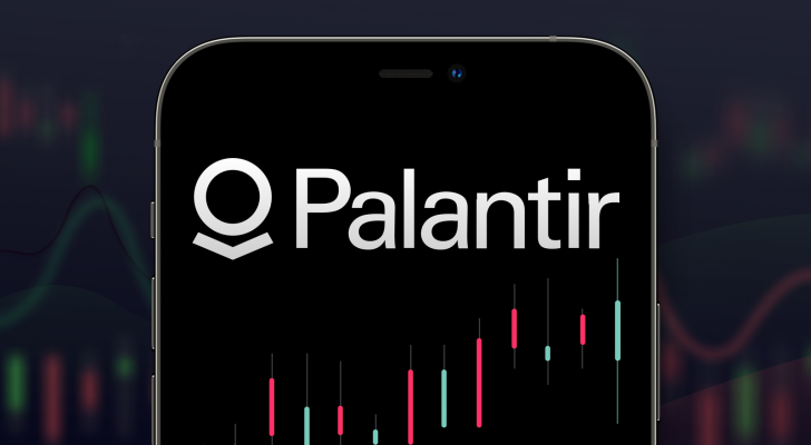 Palantir (PLTR) logo in a smartphone with a series of stock charts on the background.