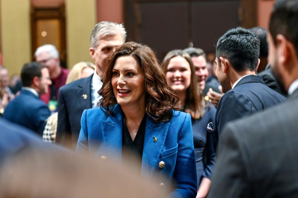 Gov. Gretchen Whitmer greets guests before delivering her State of the State address on Wednesday, Jan. 25, 2023, at the Michigan State Capitol in Lansing. 